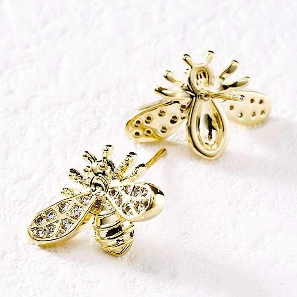 Bumble Bee Gold Plated Stud Zircon Earrings - Picture 6 of 6
